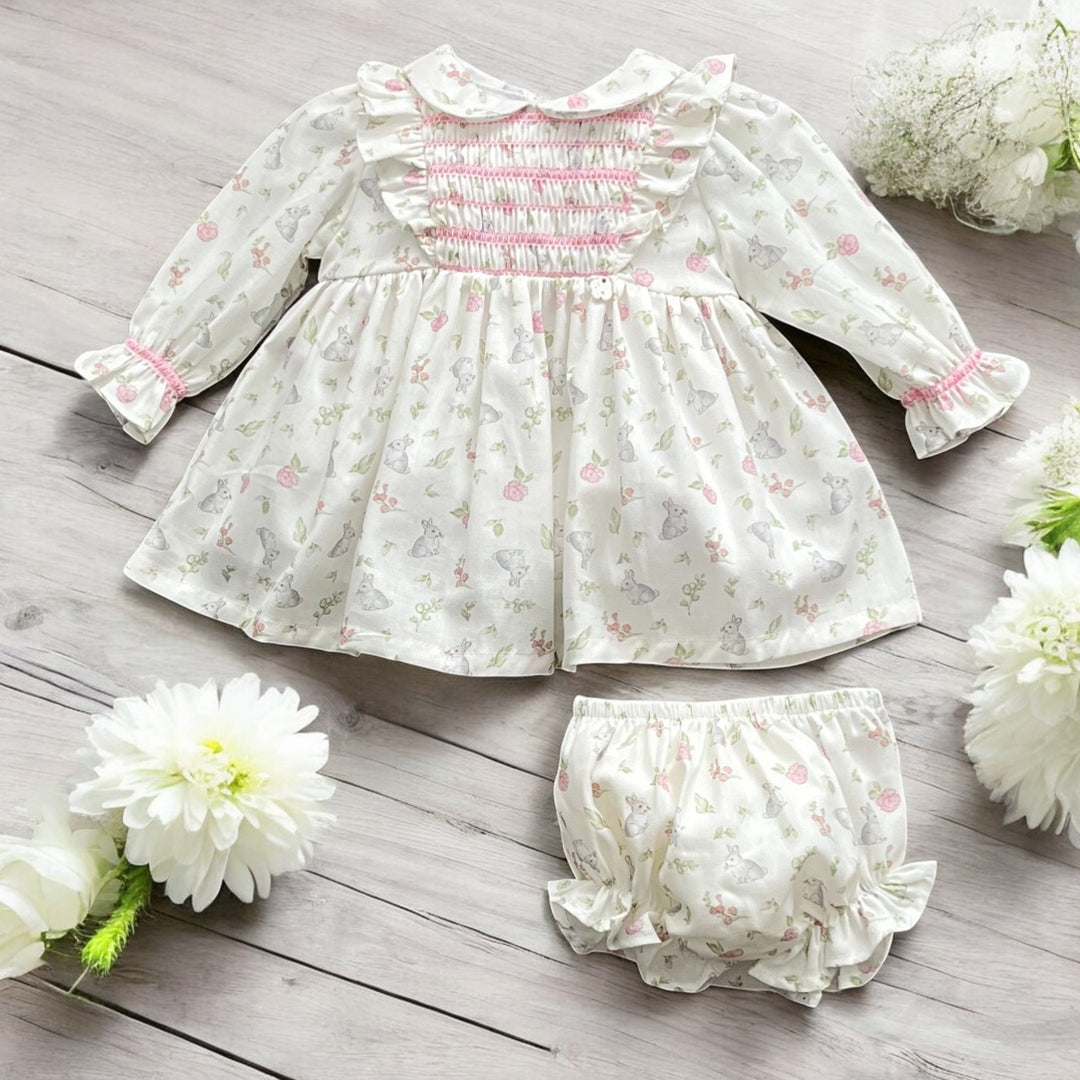 Deolinda Ivory & Pink Bunny Dress & Bloomers