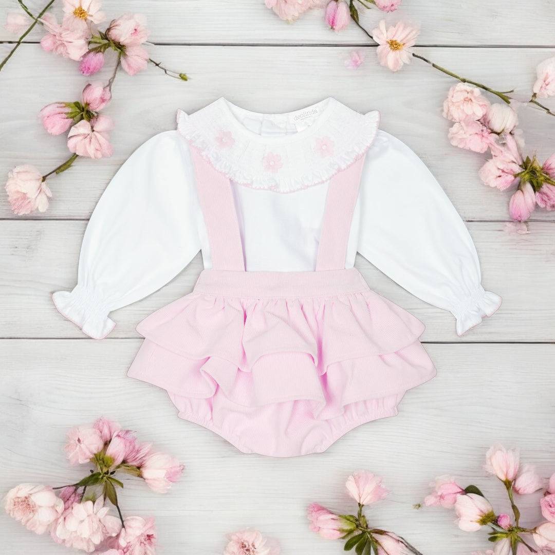 Deolinda White & Pink Blouse & Needle Cord Ruffle Bloomers