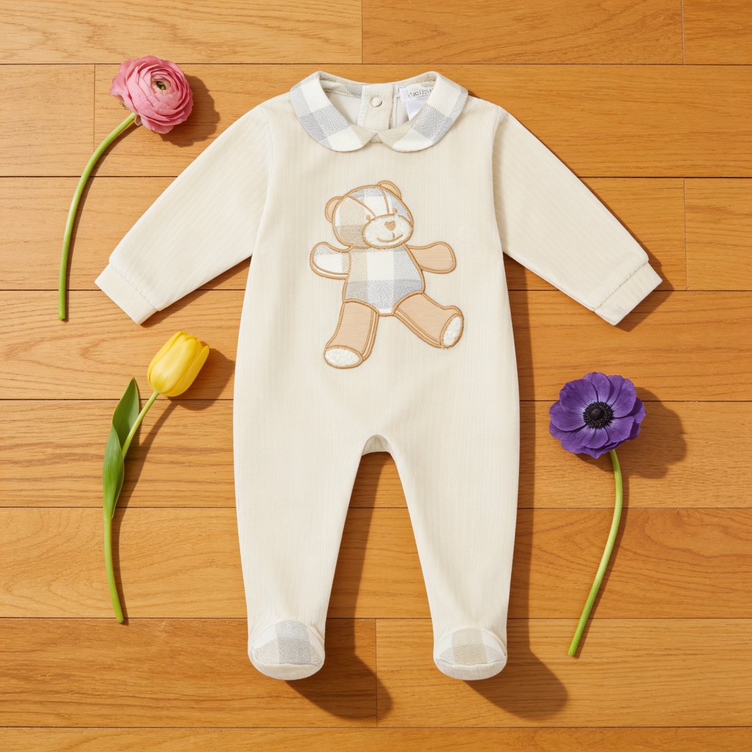 Beige Velour Teddy Bear Sleepsuit