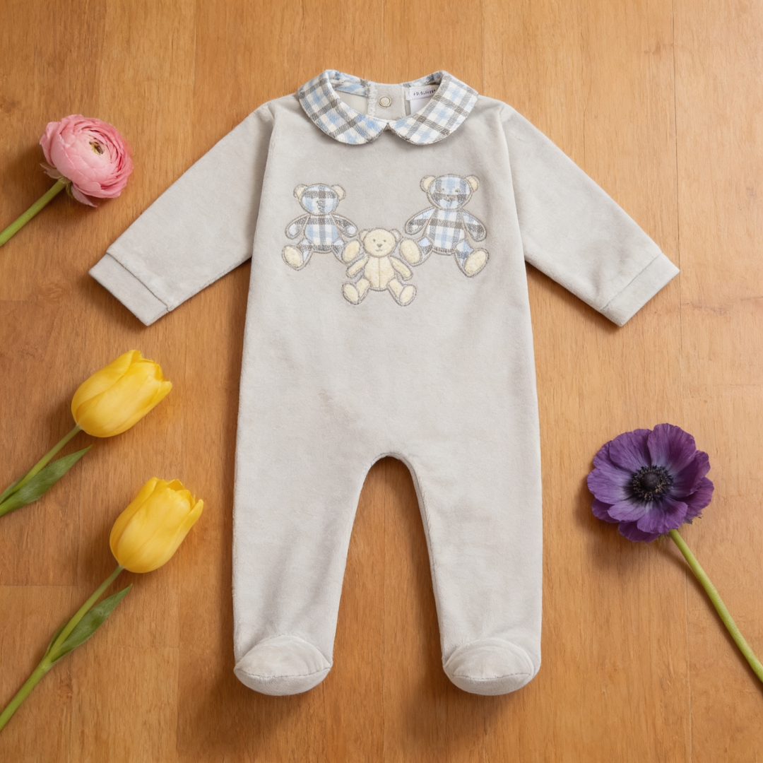 Deolinda Grey & Blue Velour Teddy Bear Sleepsuit