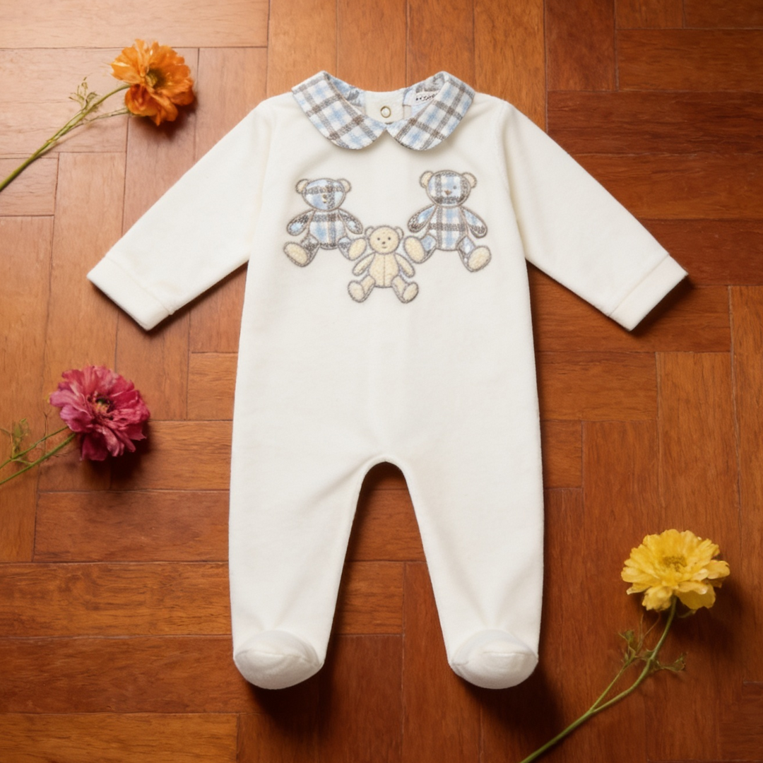 Deolinda Ivory & Blue Velour Teddy Bear Sleepsuit
