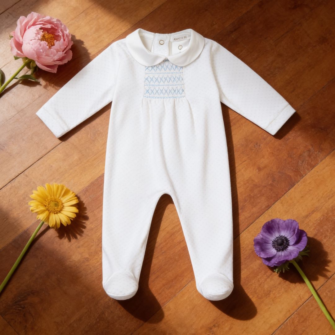 Deolinda White & Blue Smocked Sleepsuit