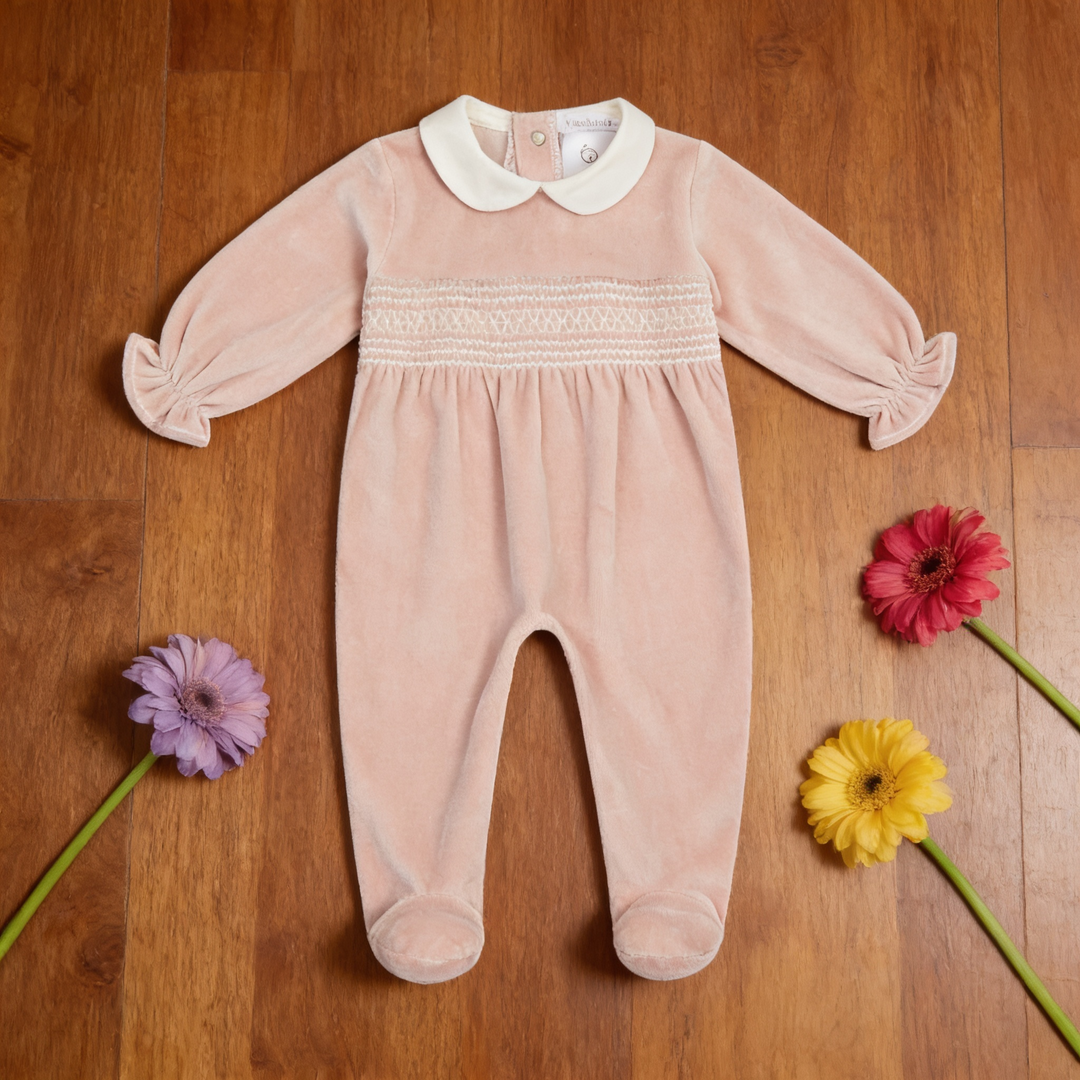 Deolinda Dusky Pink Velour Smocked Sleepsuit