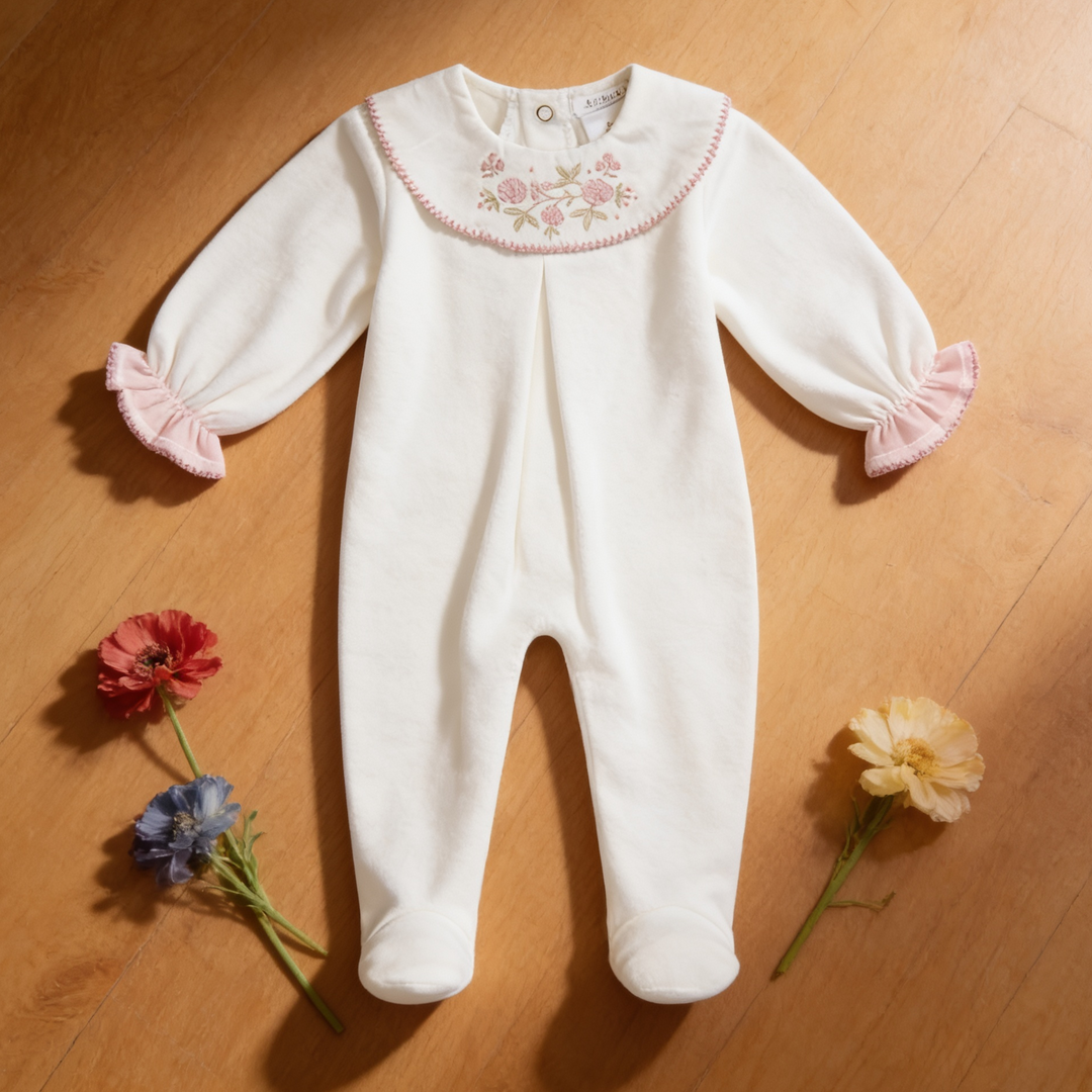 Deolinda Ivory Velour Floral Sleepsuit