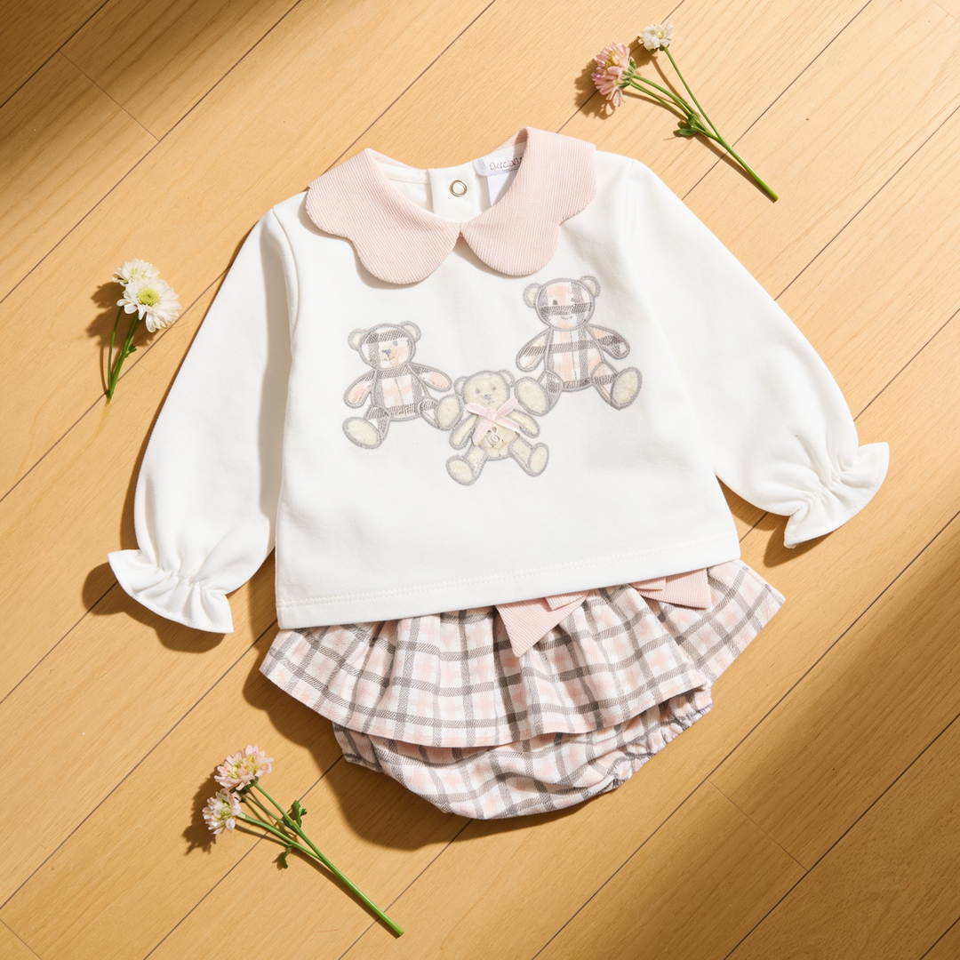 Deolinda Ivory & Pink Tartan Top & Ruffle Bloomers