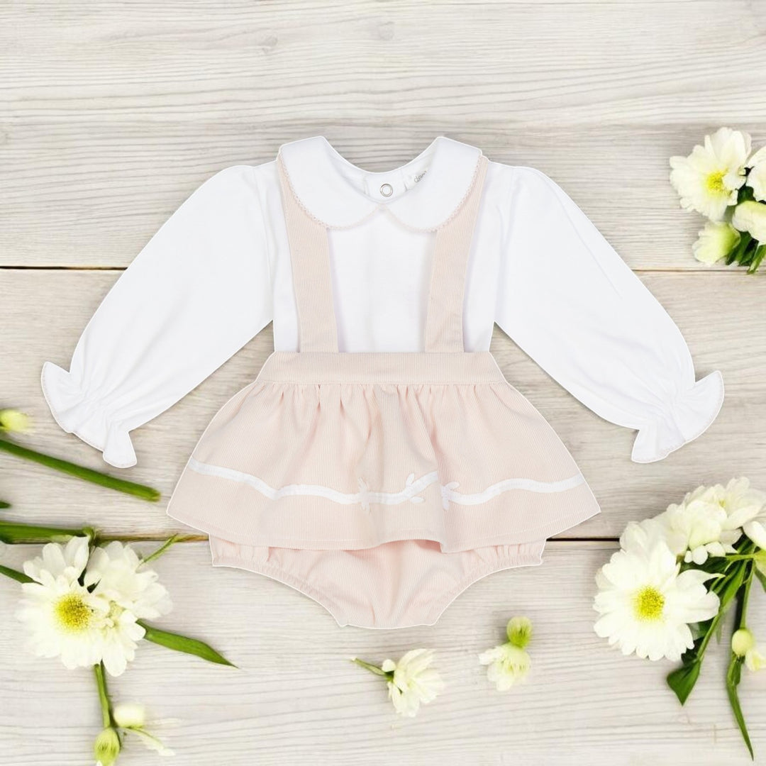 Deolinda White & Pink Top & Ruffle Dungaree Bloomers