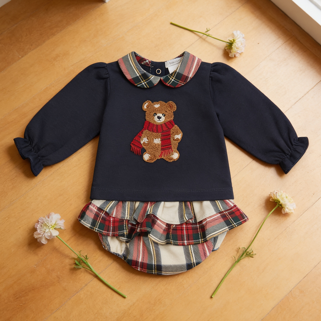 Deolinda Navy Blue Tartan Top & Ruffle Bloomers