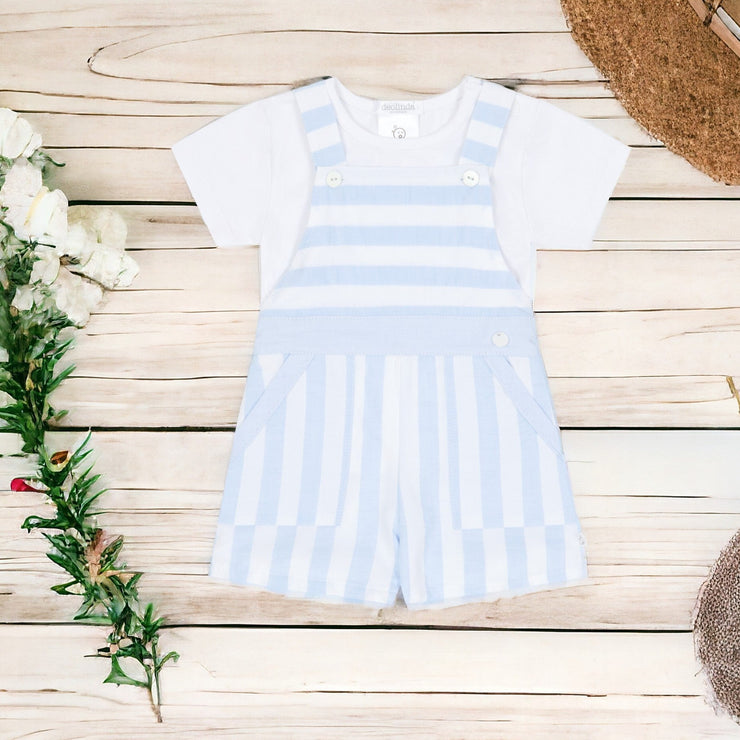 White Top & Blue Candy Stripe Dungaree Set