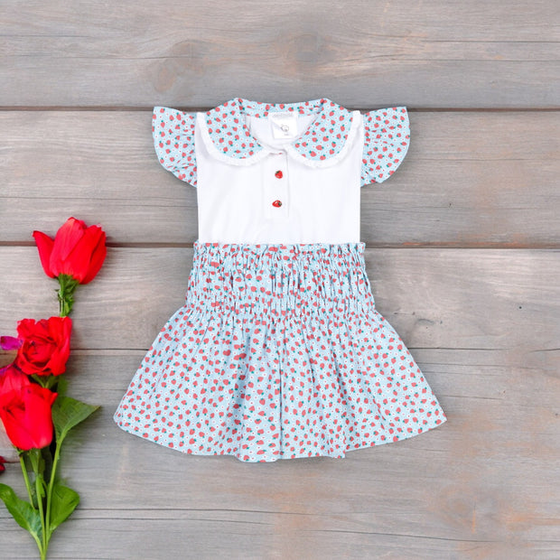Blue & Red Strawberry Top & Skirt Set