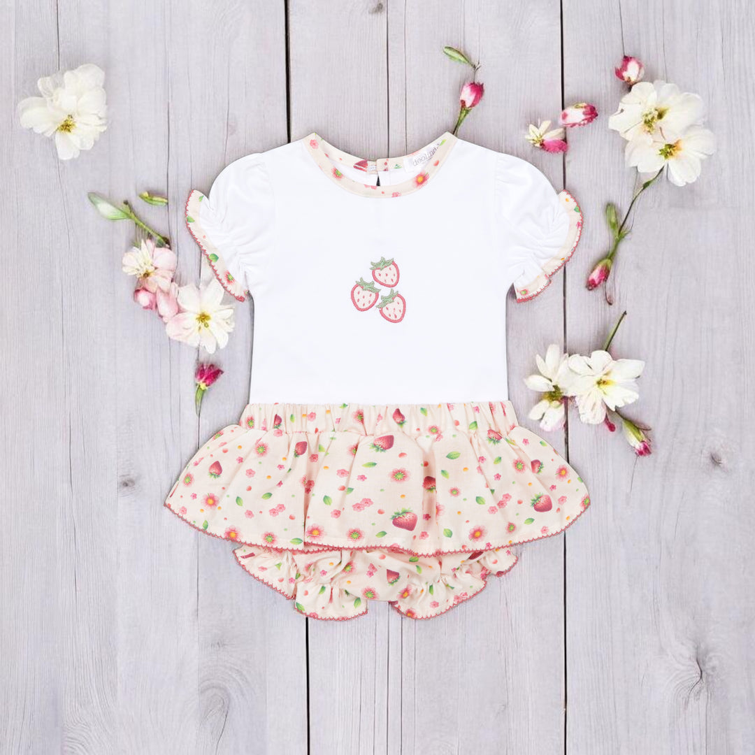 Deolinda White & Pink Strawberry Top & Ruffle Bloomers