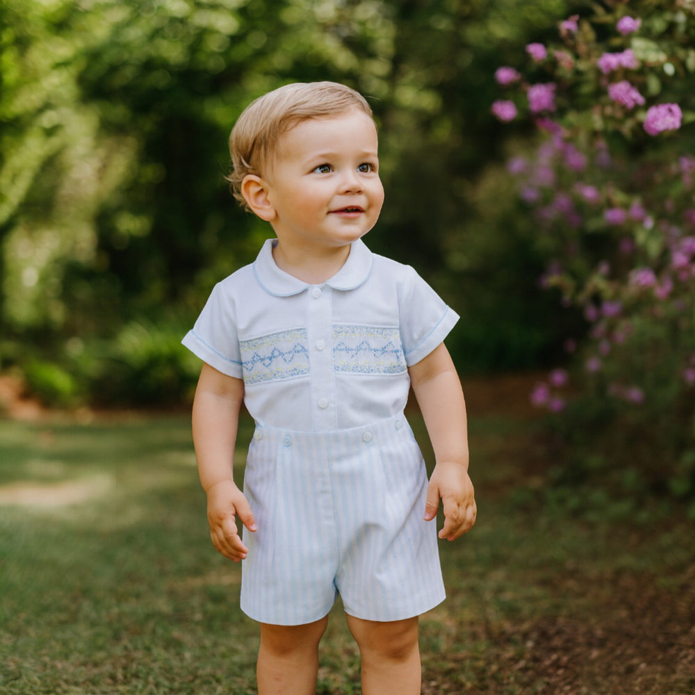 Pretty Originals White Smocked Shirt & Blue & White Stripe Shorts