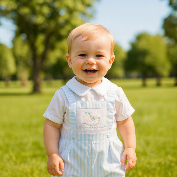 Pretty Originals White Shirt & Blue & White Stripe Dungaree Shorts