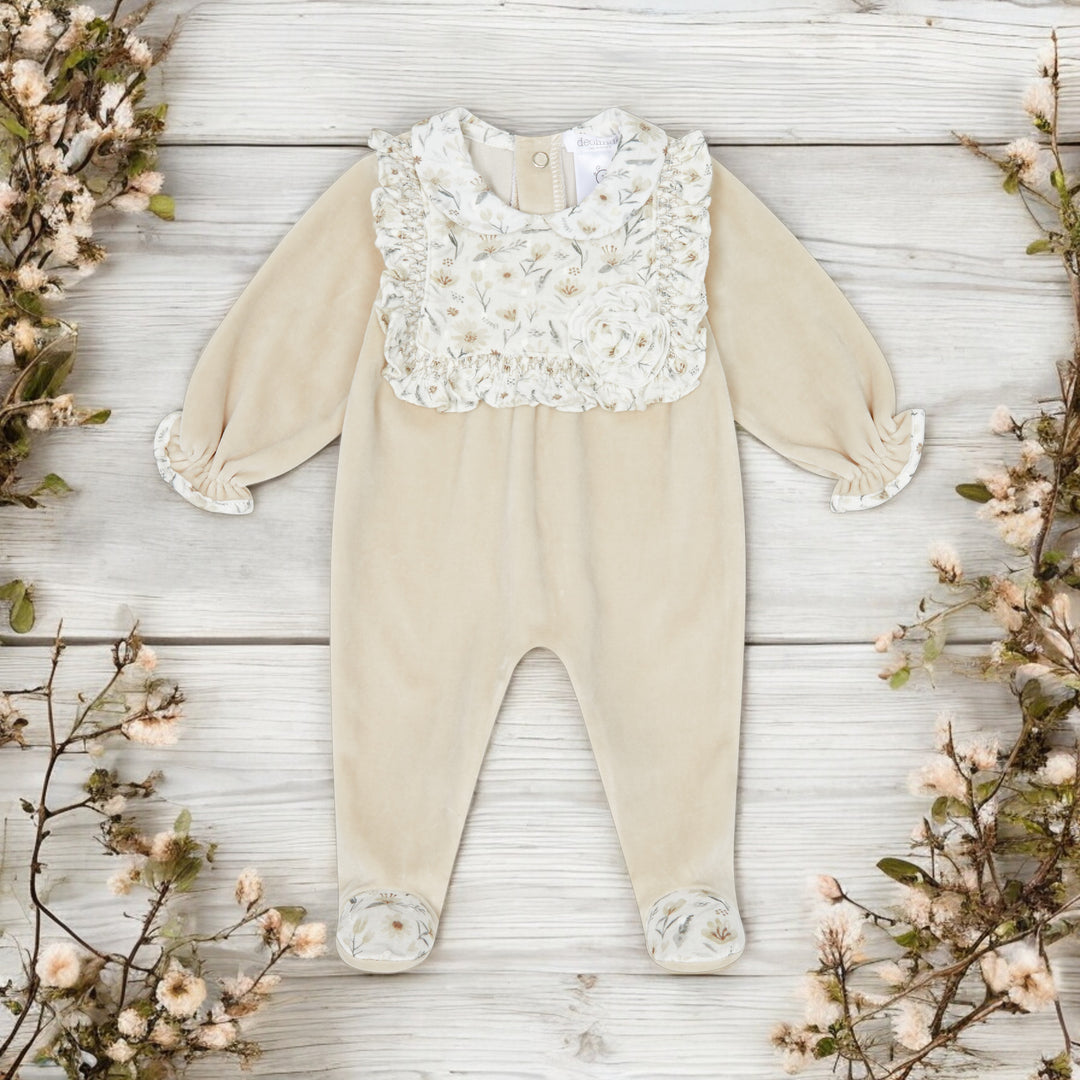 Deolinda Beige & Sage Floral Velour Sleepsuit