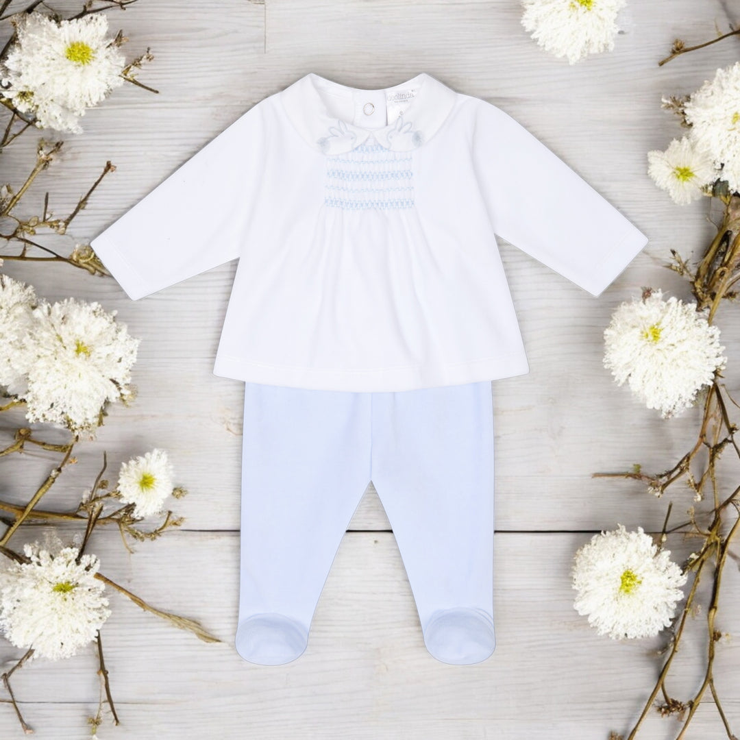 Deolinda White & Blue Smocked Velour Top & Bottoms