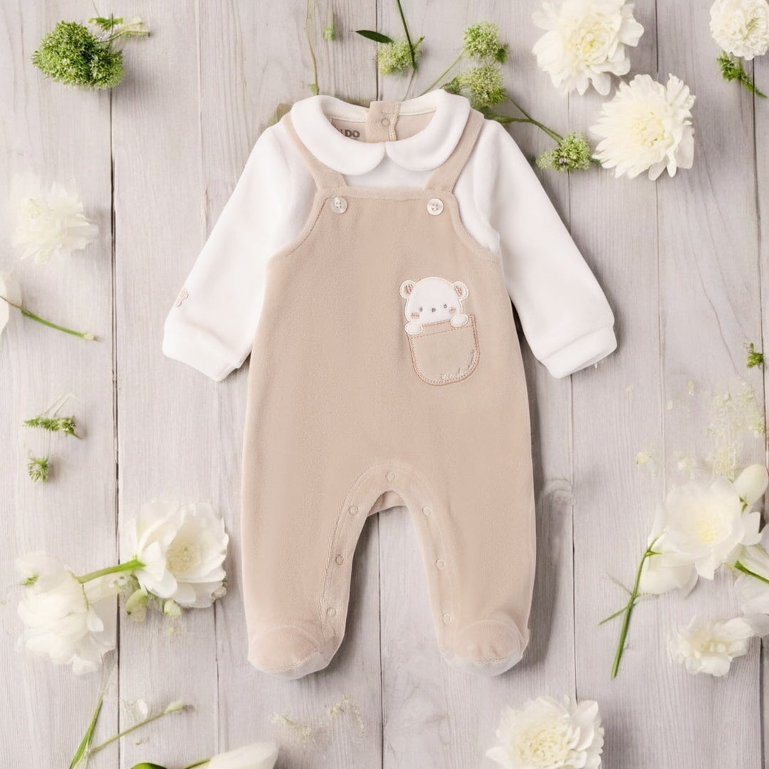 Ido Cream & Beige Velour Unisex Sleepsuit
