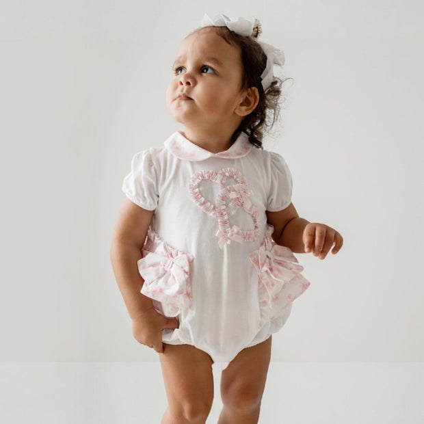 "Lily" White & Pink Frilled Romper