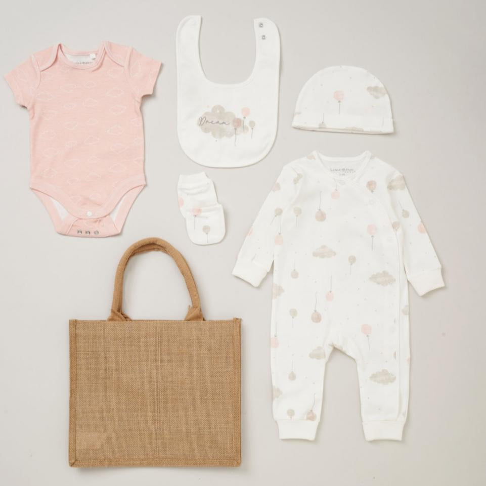 Homegrown 5 Piece Beige, White & Pink Dream Layette Gift Set