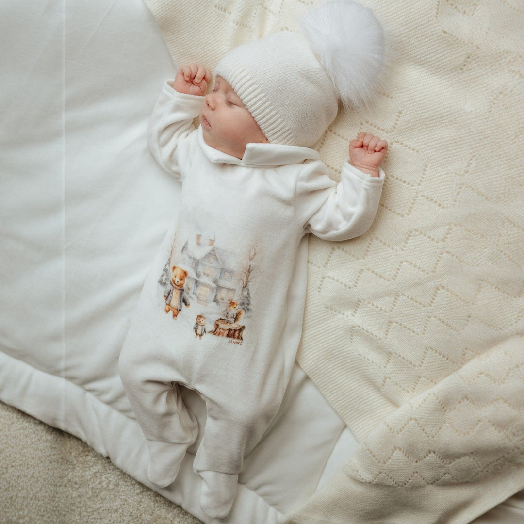 Jamiks Ecru Velour Bear Snow Scene Sleepsuit