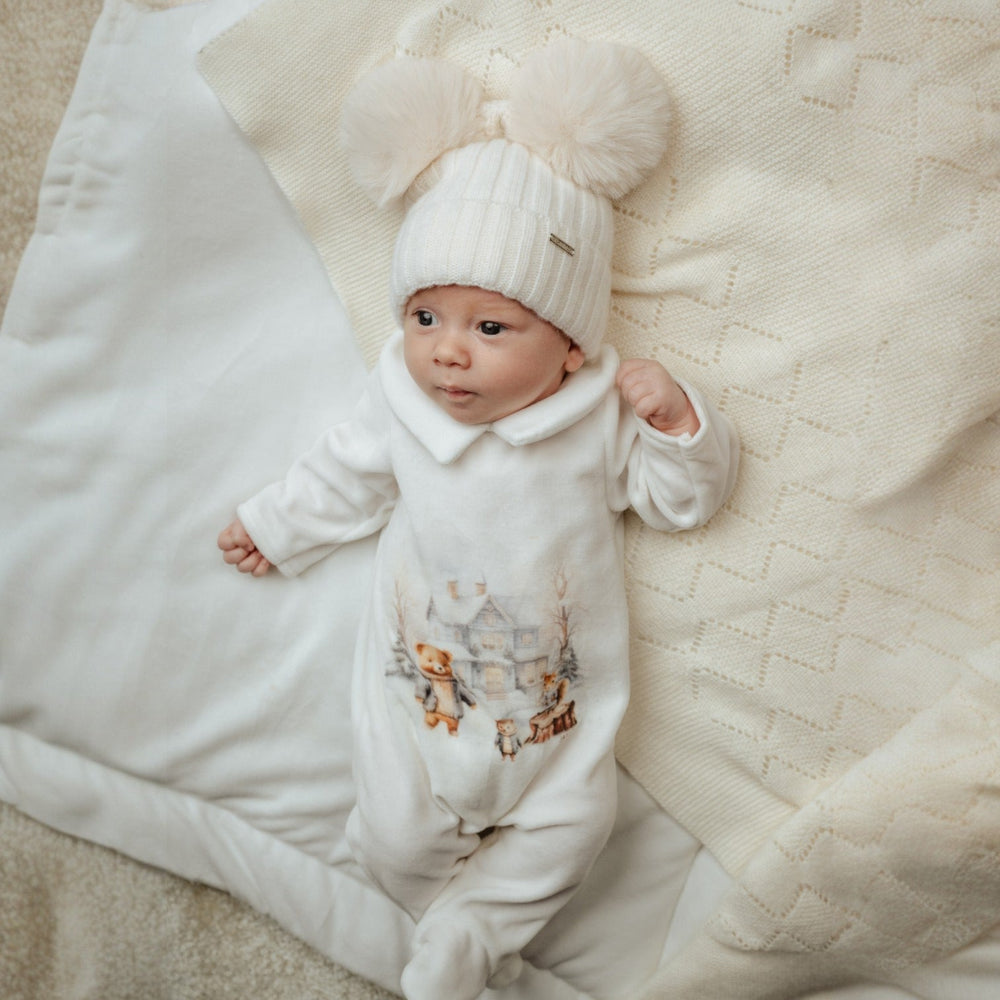 Jamiks Ecru Velour Bear Snow Scene Sleepsuit