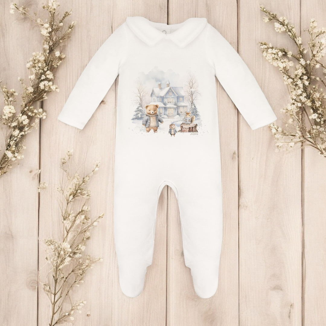 Jamiks Ecru Velour Bear Snow Scene Sleepsuit
