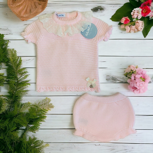 Pink Ruffle Knitted Bloomers Set