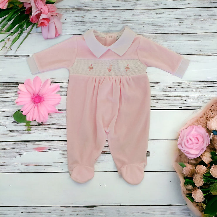 Baby Pink Smocked Velour Sleepsuit