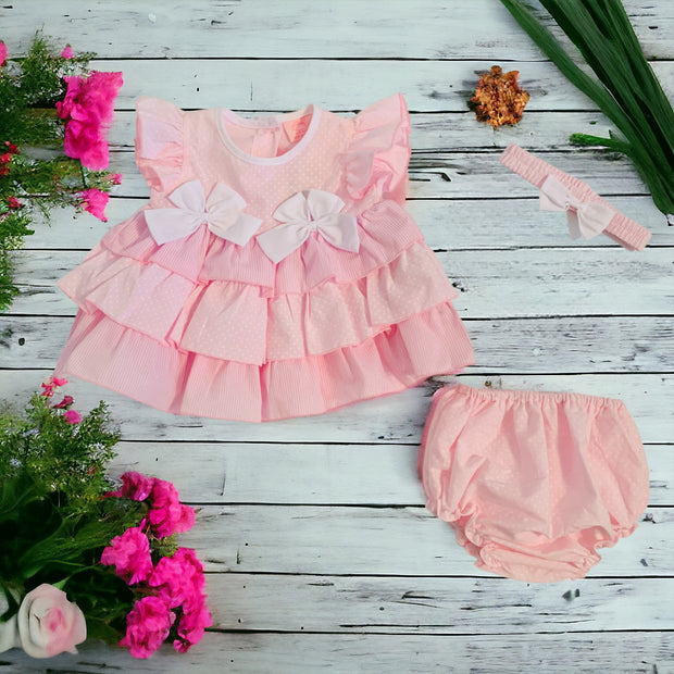 Baby Pink Spot & Stripe Ruffle Dress Set