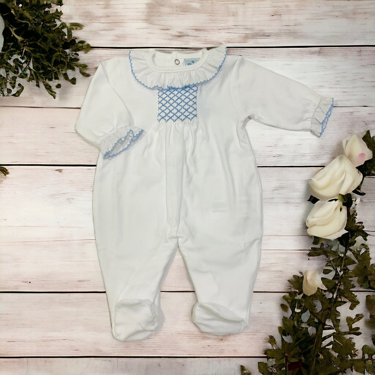 White & Blue Smocked Sleepsuit