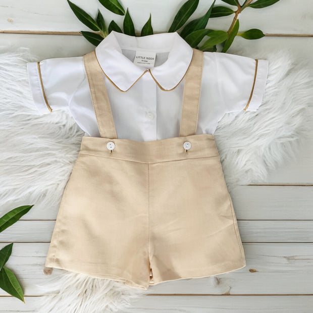 Beige & White Top & Dungaree Shorts