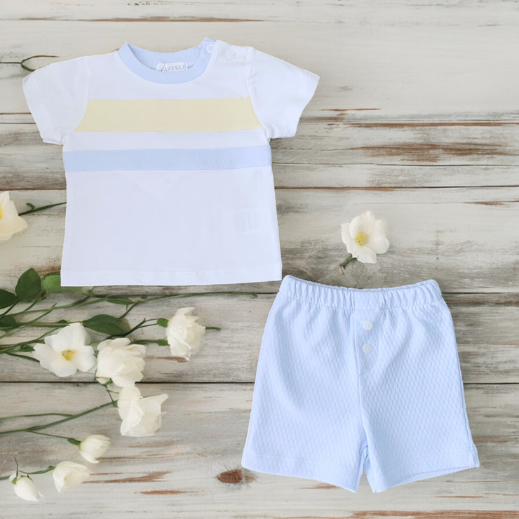 White & Lemon Top & Blue Shorts