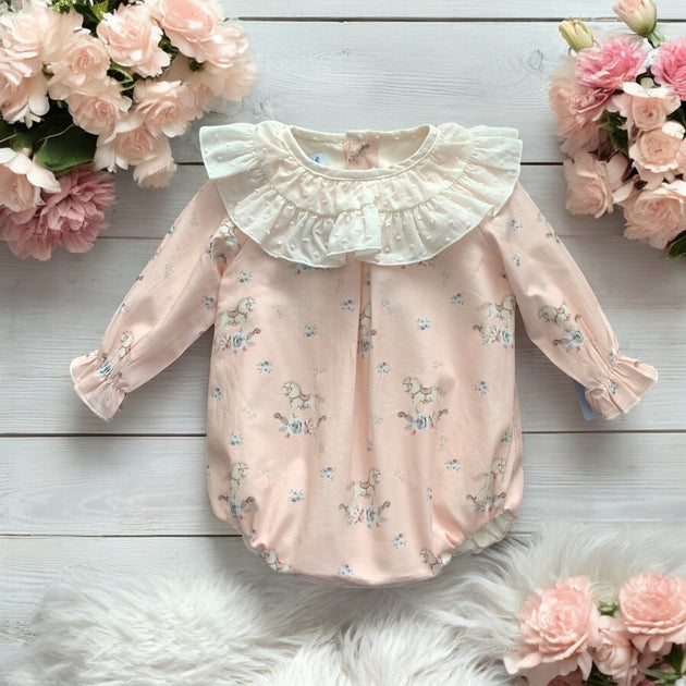Babine Vintage Pink Rocking Horse Romper Bows Baby Boutique