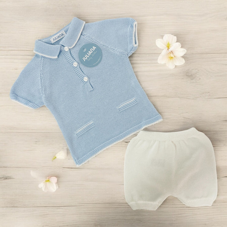 Juliana Sky Blue Knitted Polo & White Short Set