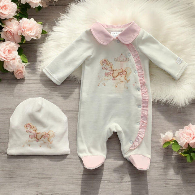 Jamiks White & Pink Velour Carousel Sleepsuit Set Bows Baby Boutique