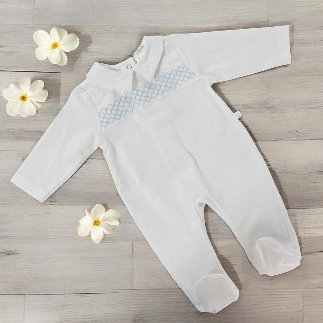 Deolinda White & Blue Cross-Stitch Sleepsuit