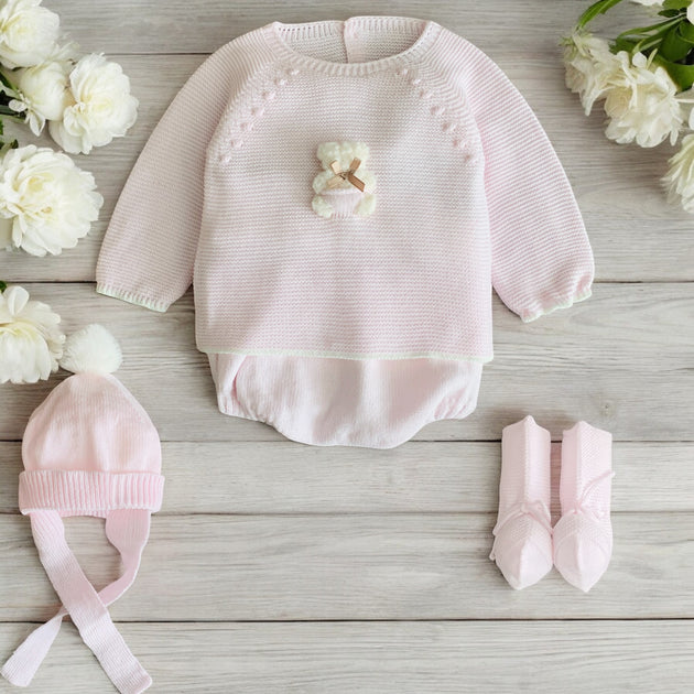 Mac ilusion Pink Knitted Bear Jam Pants Set Bows Baby Boutique