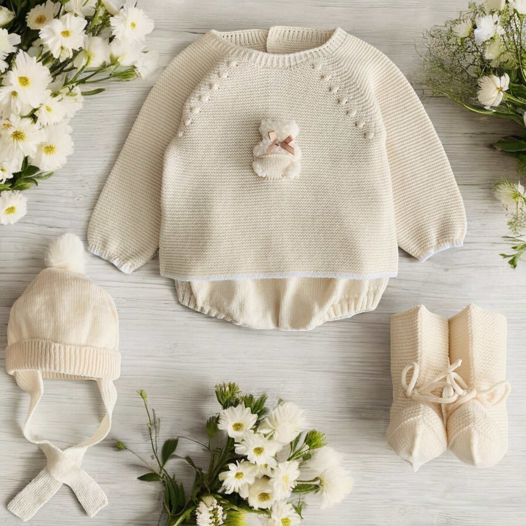 Mac ilusion Oatmeal Knitted Bear Jam Pants Set Bows Baby Boutique