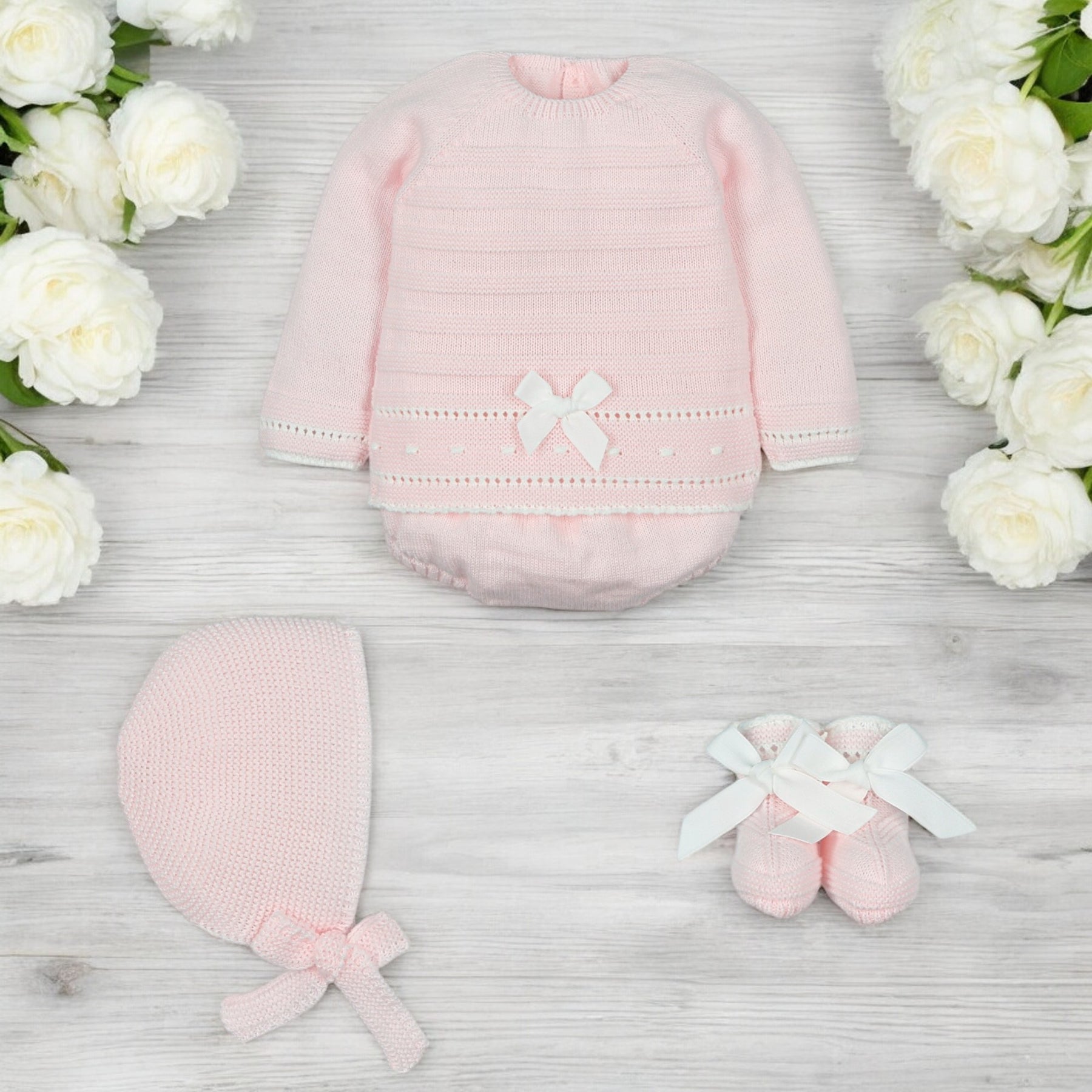 Mac Ilusion Pink & White Knitted Set Bows Baby Boutique