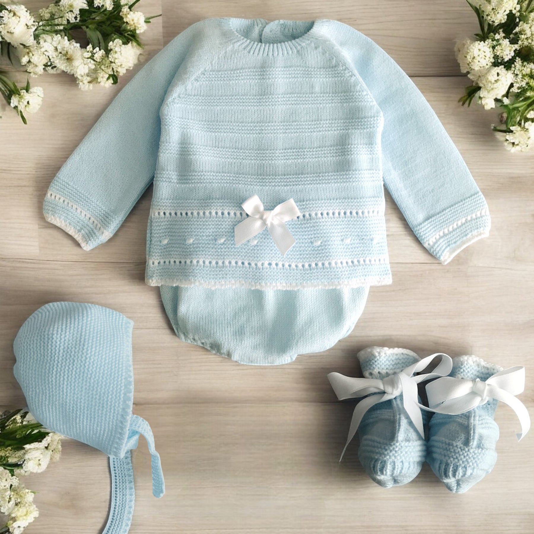 Mac Ilusion Sky Blue & White Knitted Set Bows Baby Boutique
