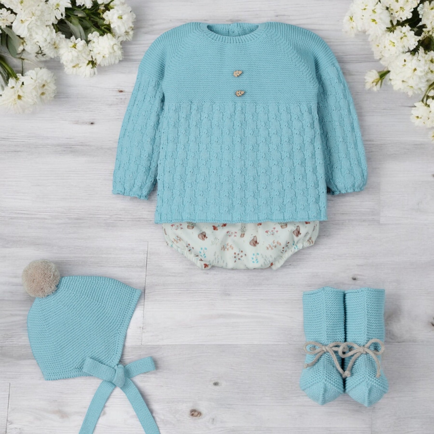 Mac Ilusion Duck Egg Blue Knitted Jam Pants Set Bows Baby Boutique