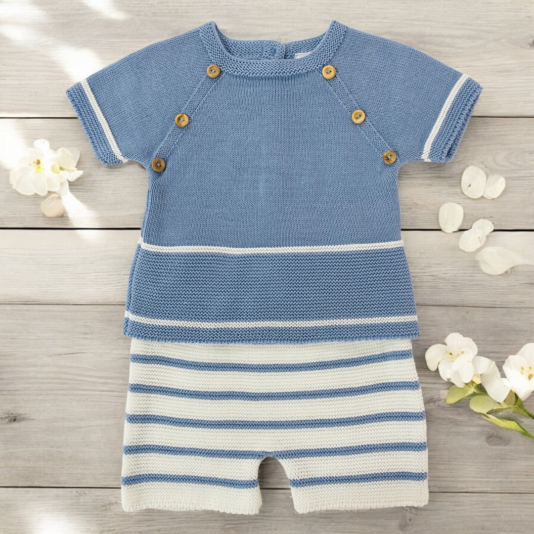 PEX Dusky Blue & White Knitted Top & Short Set