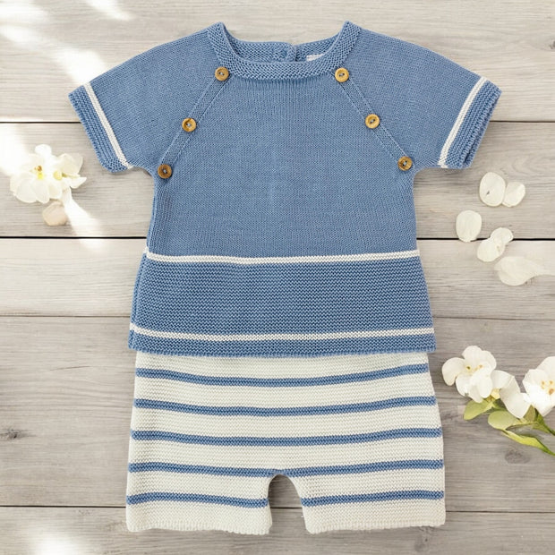 PEX Dusky Blue & White Knitted Top & Short Set