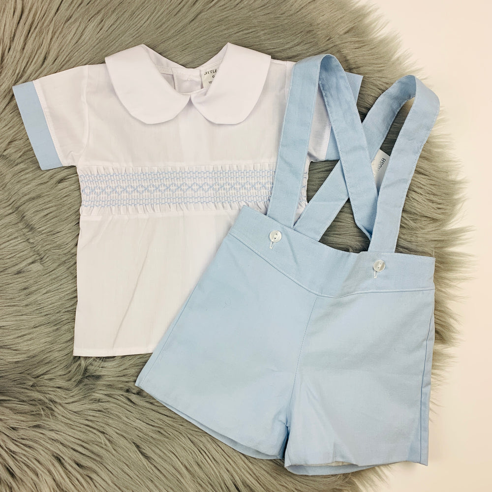 White Smocked shirt & Blue Shorts