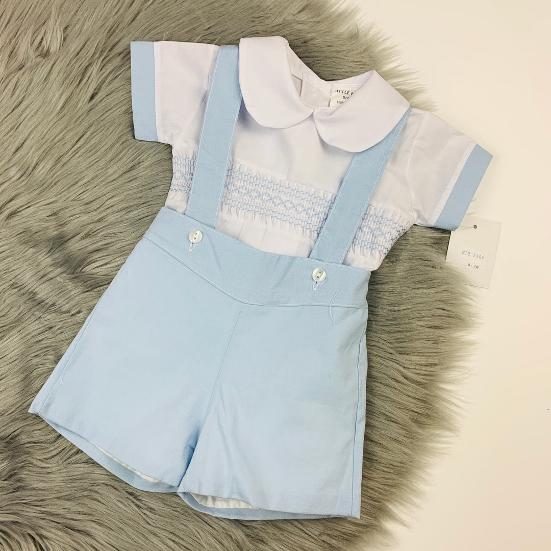 White Smocked shirt & Blue Shorts