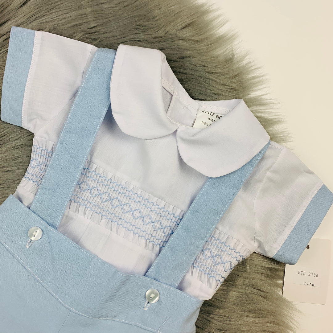 White Smocked shirt & Blue Shorts Close