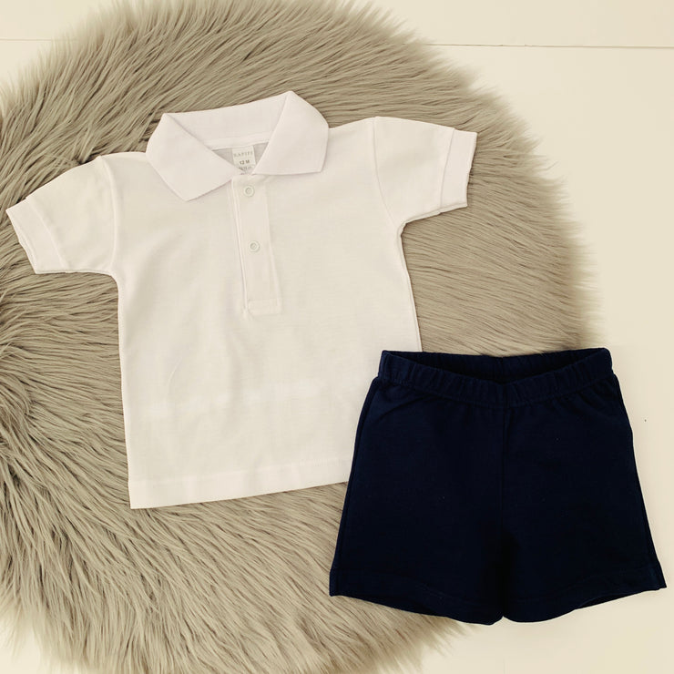 White Pique Polo & Navy Shorts