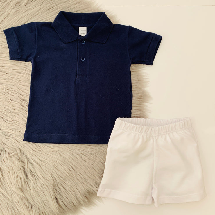 Navy Pique Polo & White Shorts