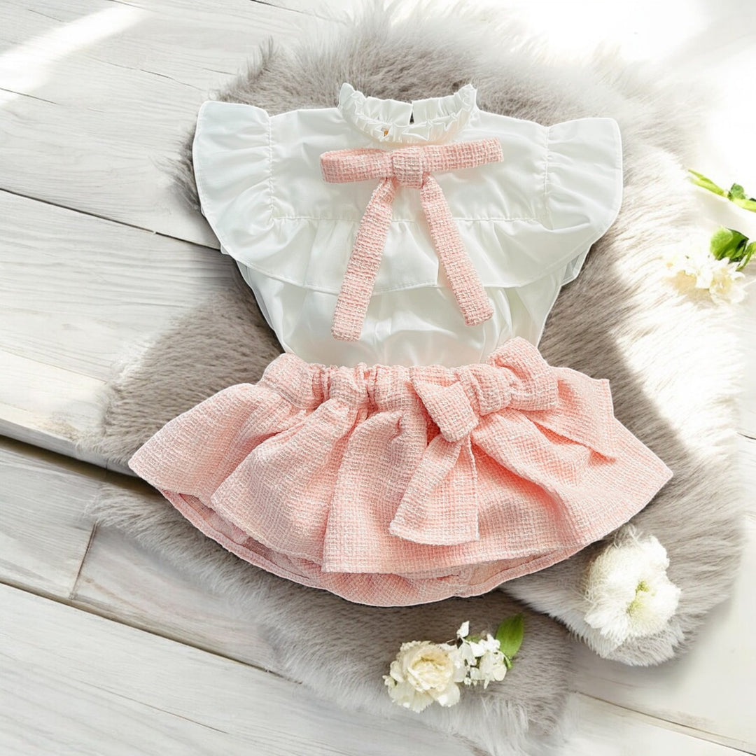 Puro Mimo Ivory Ruffle Blouse & Blush Pink Boucle Bloomers