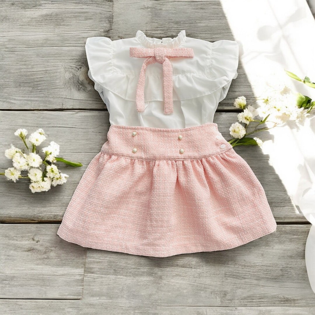 Puro Mimo Ivory Ruffle Blouse & Blush Pink Boucle Skirt
