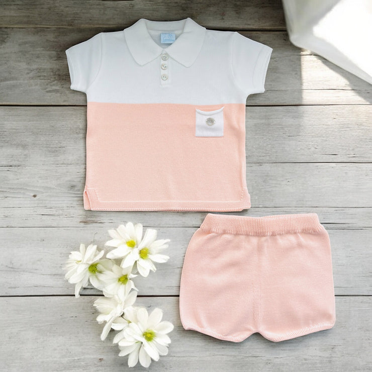 Artesania Granlei Peach & White Knitted Polo Short Set
