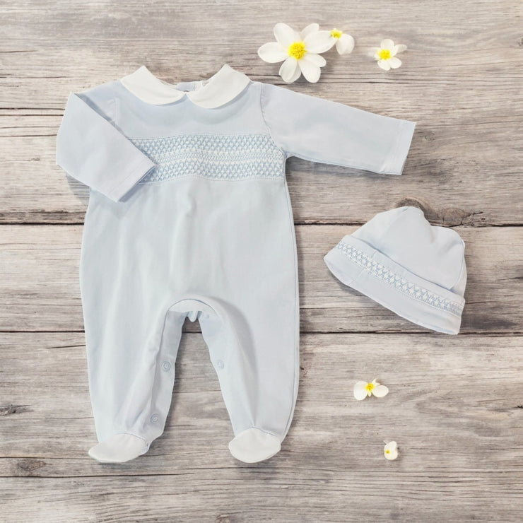 Blue Smocked Sleepsuit & Hat